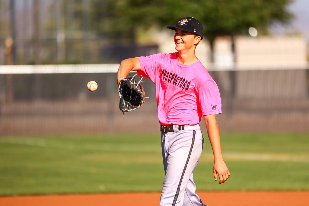 AJHS pitcher Jacob Glazener wearing pink jersey for American Cancer Society
